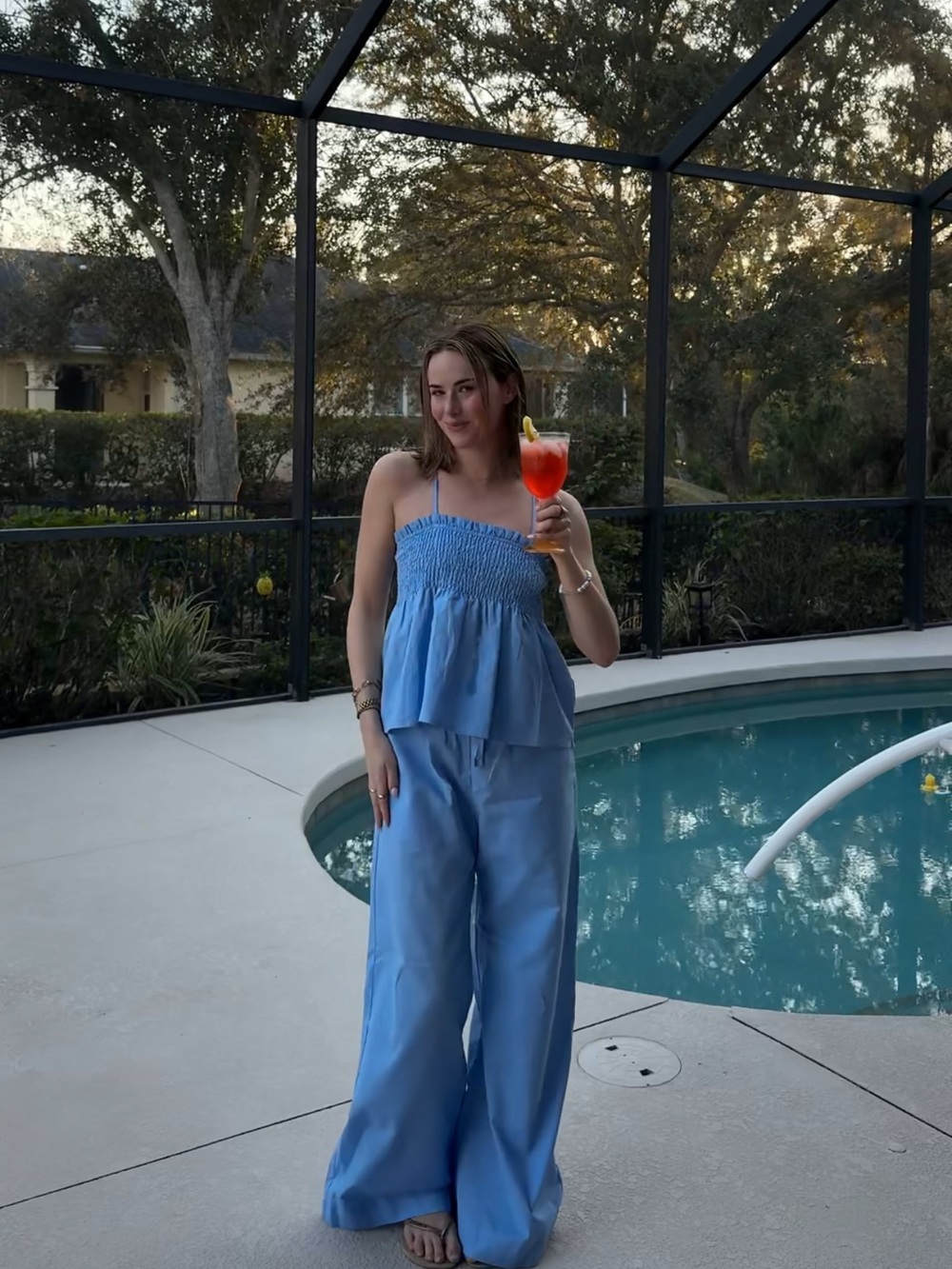 Light Blue Showpo Two-Piece Smocked Top & Wide-Leg Pants Set
